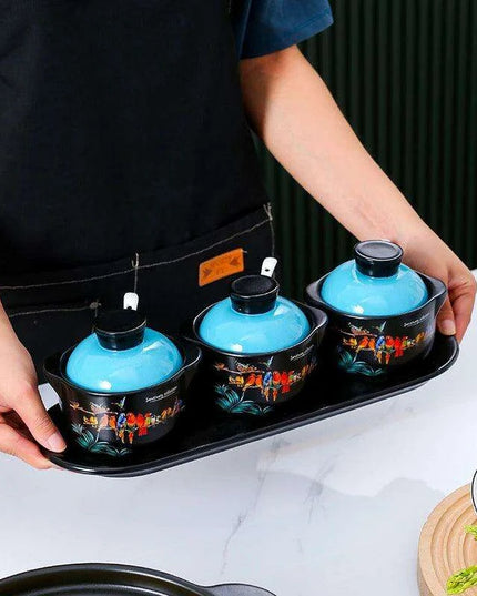 Sophisticated Ceramic Spice Organizer Set - Stew Cup, Oil Dispenser, and Sauce Holder