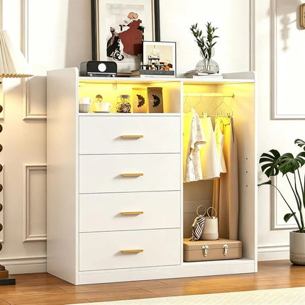 4-Drawer Dresser with Clothes Rack, LED Light, Power Outlet, Shelf, Bedroom Storage, 15.7"D x 43.3"W x 45.7"H, Customized 4-drawer-dresser-with-clothes-rack-led-light-power-outlet-shelf-bedroom-storage-15-7d-x-43-3w-x-45-7h-customized