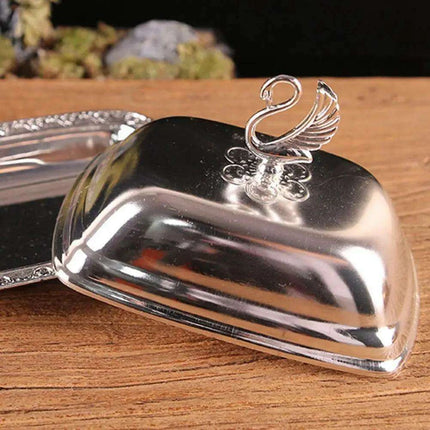 Swan-Inspired Stainless Steel Serving Platter with Protective Lid
