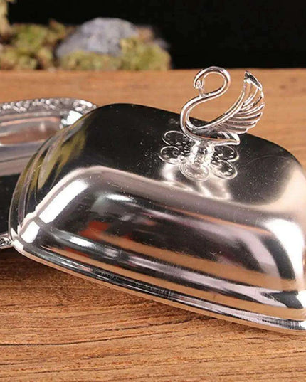 Swan-Inspired Stainless Steel Serving Platter with Protective Lid