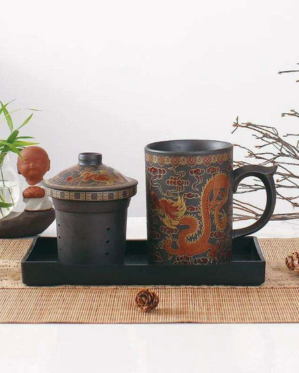 Handcrafted Purple Clay Dragon Teacup with Strainer & Lid - Unique Yixing Zisha Mug