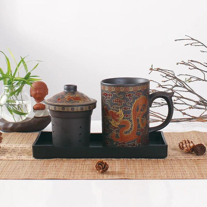 Handcrafted Purple Clay Dragon Teacup with Strainer & Lid - Unique Yixing Zisha Mug
