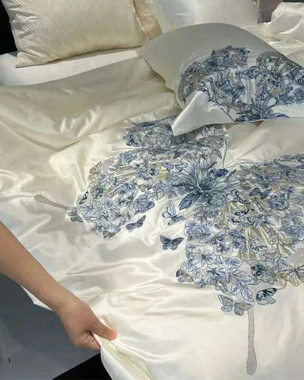 Luxurious Butterfly Embroidery Satin Silk Cotton Bedding Set - Silky Brocade Duvet Cover, Bed Sheet & Pillowcases (4 Piece Collection)