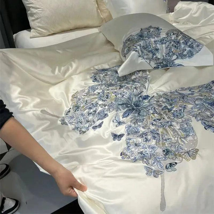 Luxurious Butterfly Embroidery Satin Silk Cotton Bedding Set - Silky Brocade Duvet Cover, Bed Sheet & Pillowcases (4 Piece Collection)