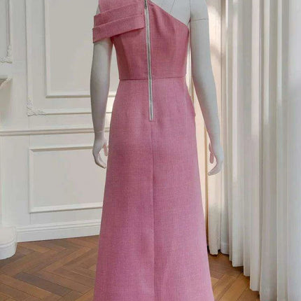 Asymmetrical Evening Dress with Diagonal Collar and Pleated Waist