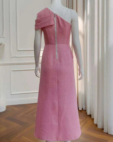 Asymmetrical Evening Dress with Diagonal Collar and Pleated Waist