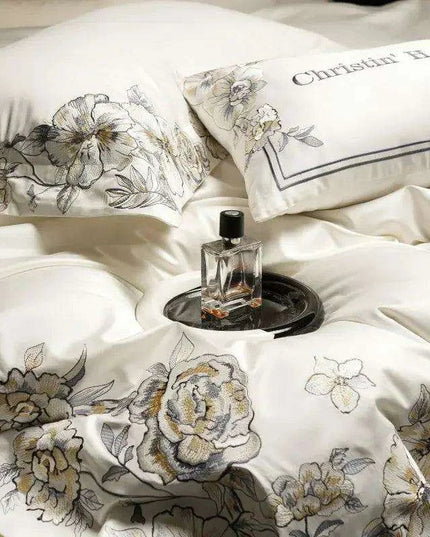 Elegant 1000TC Egyptian Cotton Floral Embroidery Bedding Ensemble with Duvet Cover, Flat Sheet, and Pillow Shams