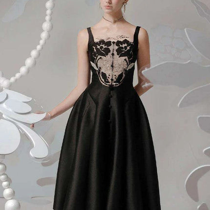 Satin Embroidered Pleated Evening Dress