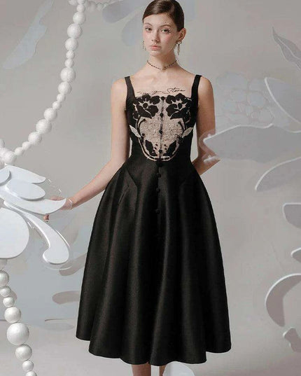 Satin Embroidered Pleated Evening Dress