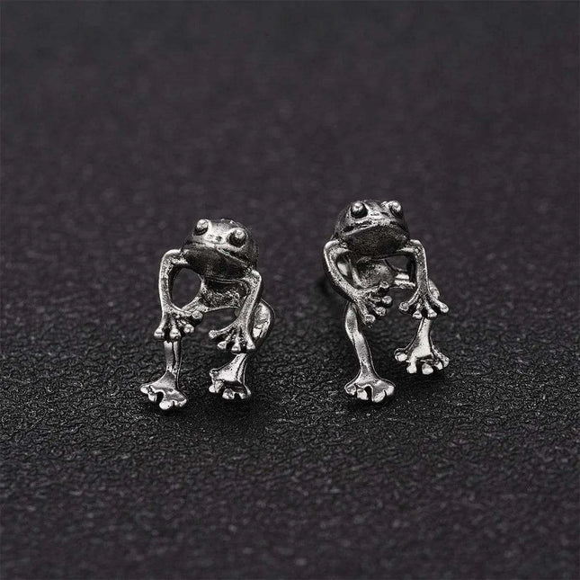 Whimsical Silver Frog Studs - Fun Gothic Punk Earrings for Distinctive Women