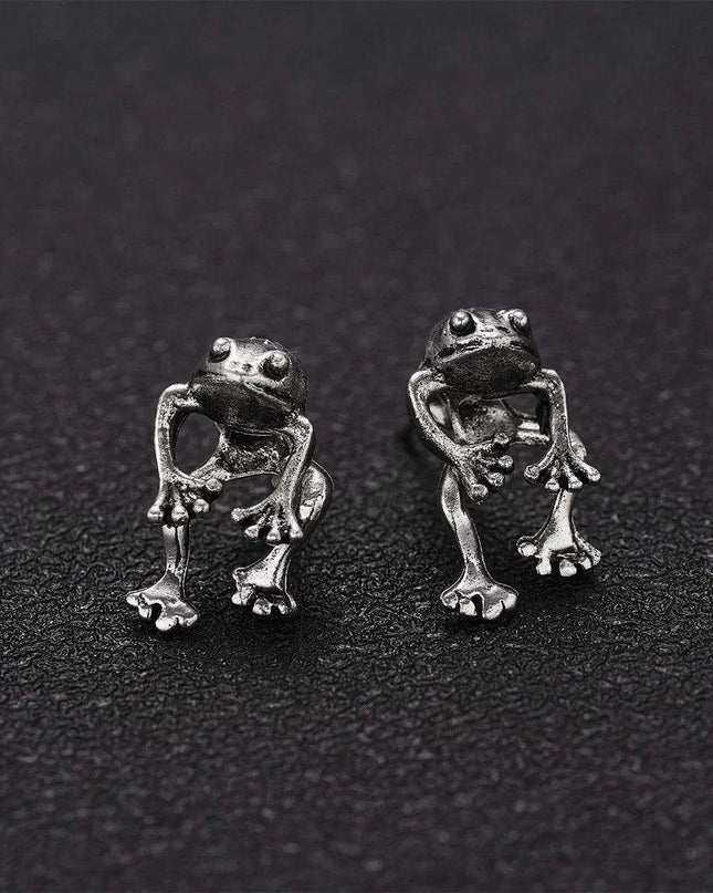 Whimsical Silver Frog Studs - Fun Gothic Punk Earrings for Distinctive Women