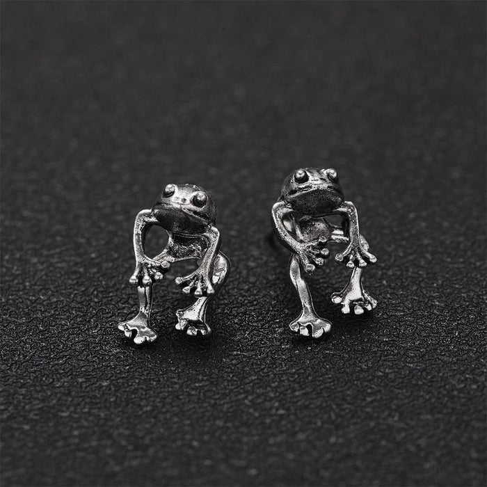 Whimsical Silver Frog Studs - Fun Gothic Punk Earrings for Distinctive Women