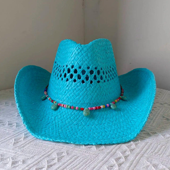 Rose Red Cowboy Straw Hat - Adjustable Wide Brim Sun Hat for All Seasons