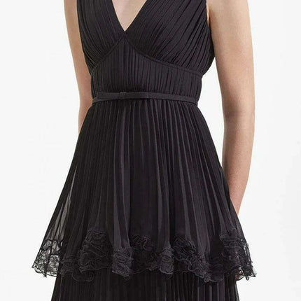 Pleated V-neck Chiffon Evening Dress with Slim Waist Design for Women