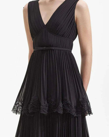 Pleated V-neck Chiffon Evening Dress with Slim Waist Design for Women