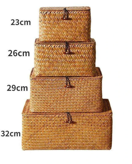 Natural Seagrass Woven Storage Container with Lid - Stylish Basket for Bath Essentials, Cosmetics, and Towels