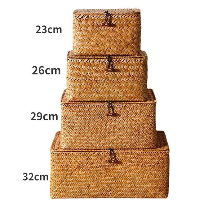 Natural Seagrass Woven Storage Container with Lid - Stylish Basket for Bath Essentials, Cosmetics, and Towels