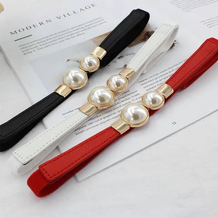 Double Pearl Buckle Elastic Waist Belt — Women’s PU Leather, 6 cm Wide