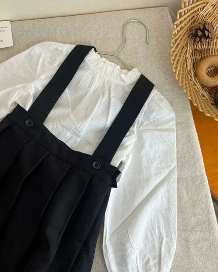 Girls' Long Sleeve Top and Playful Suspender Skirt Ensemble for Effortless Style