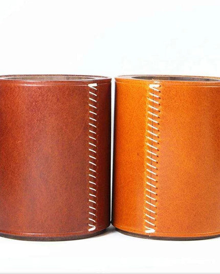 Chic Retro Leather and Walnut Writing Utensil Holder - Classic Elegance