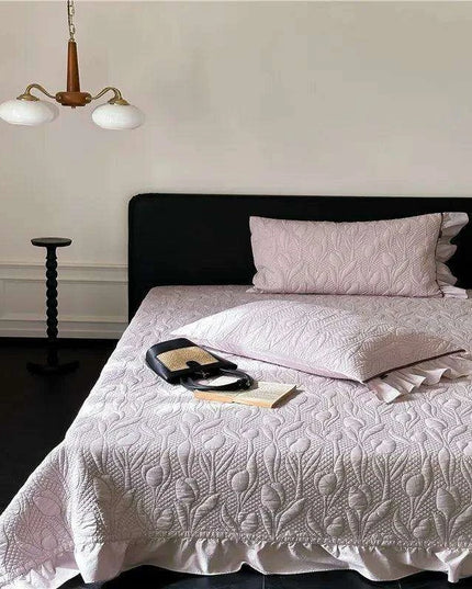 Queen Size 3-Piece Quilted Bedspread Set with Tree Leaves Motif and Pleated Trim - Soft Cotton Comfort