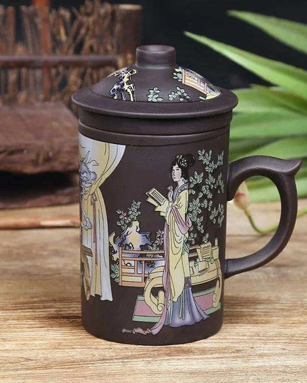 Handcrafted Dragon Design Purple Clay Tea Mug Set with Infuser and Lid