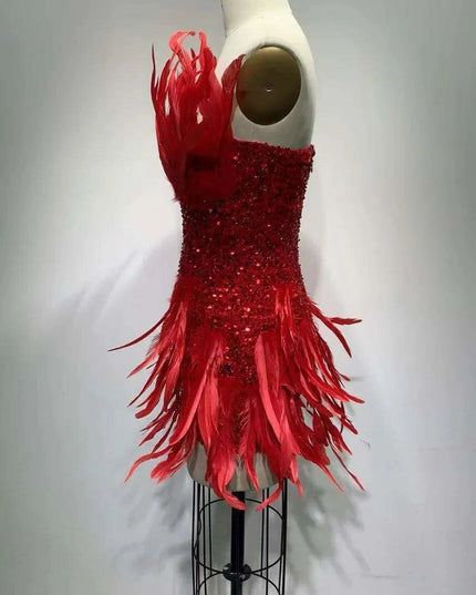 Crimson Elegance Feathered Night Out Dress - Luxe Edition