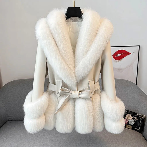 Luxurious V-neck Fox Fur Sheepskin Winter Overcoat