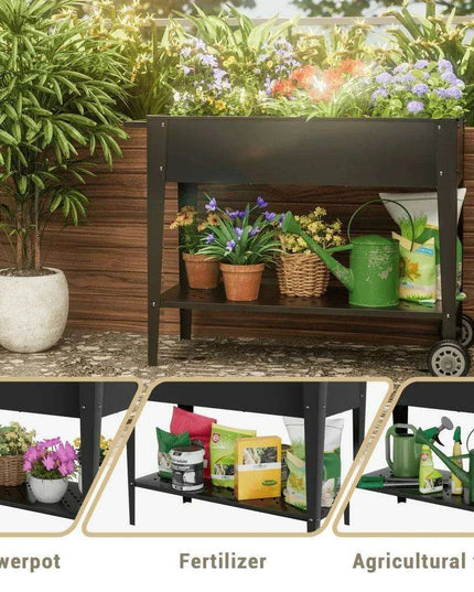 Elevated Galvanized Steel Mobile Garden Planter with Storage and Wheels