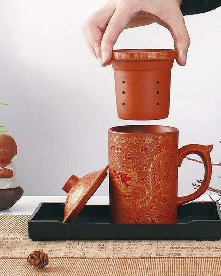 Handcrafted Purple Clay Dragon Teacup with Strainer & Lid - Unique Yixing Zisha Mug