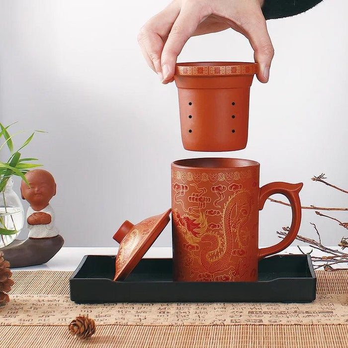 Handcrafted Purple Clay Dragon Teacup with Strainer & Lid - Unique Yixing Zisha Mug