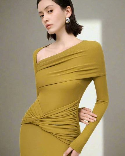 Sophisticated Asymmetrical Knit Dress with Pleats and Cross Collar for Women - Form-Fitting Autumn Evening Dress 2024