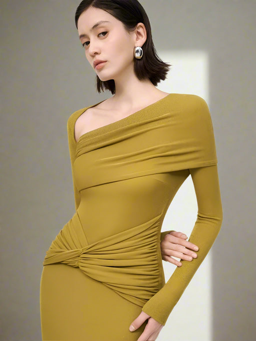 Sophisticated Asymmetrical Knit Dress with Pleats and Cross Collar for Women - Form-Fitting Autumn Evening Dress 2024