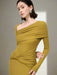 Sophisticated Asymmetrical Knit Dress with Pleats and Cross Collar for Women - Form-Fitting Autumn Evening Dress 2024