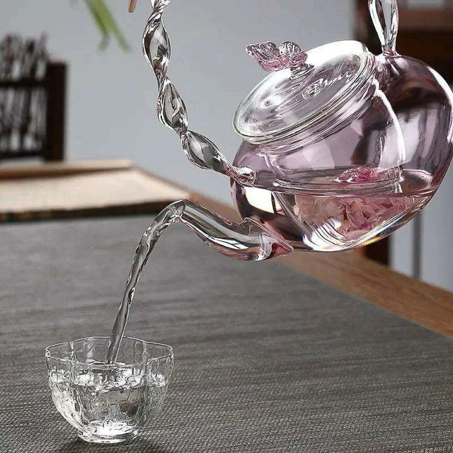 Elegant 700ML Pink Butterfly Glass Teapot for Electric Stoves
