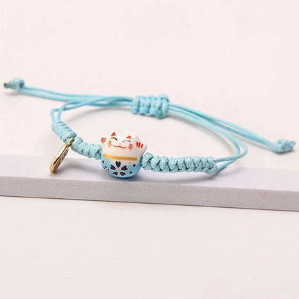 Whimsical Rainbow Braided Lucky Cat Bracelet - Adjustable Ceramic Good Fortune Jewelry