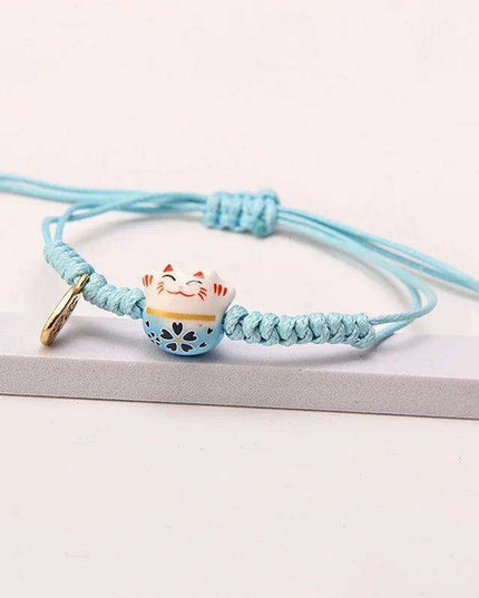 Whimsical Rainbow Braided Lucky Cat Bracelet - Adjustable Ceramic Good Fortune Jewelry