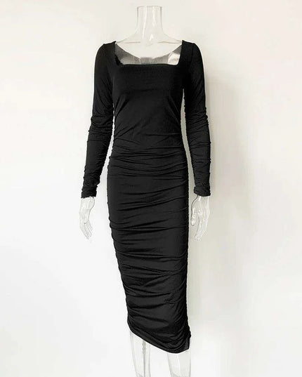 Elegant Long Sleeve Black Midi Dress with Ruched Detailing - The Ultimate Women’s Wardrobe Staple