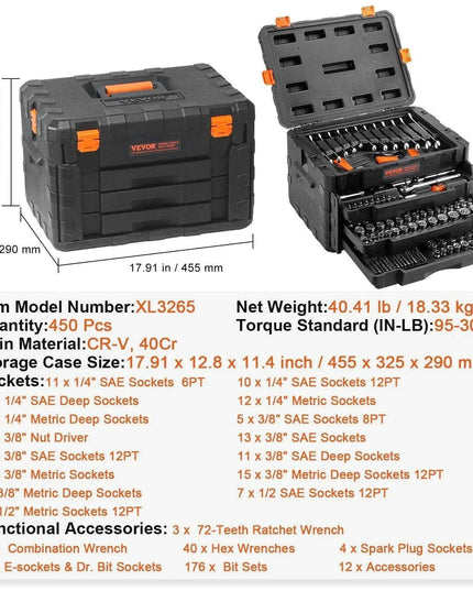 450-Piece Professional Grade CR-V Mechanics Tool Set with Enhanced Torque Capability and Premium Polishing Technology