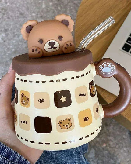Charming Bear Ceramic Mug Set with Lid and Spoon - 450ml for Enhanced Beverage Enjoyment