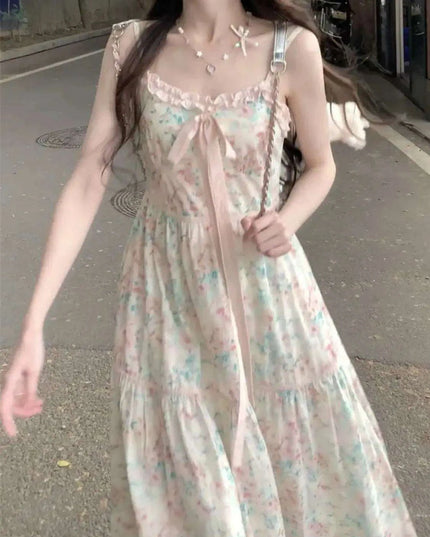 Floral Midi Dress with Adorable Bow - Trendy Korean Style Casual Evening Outfit for Women