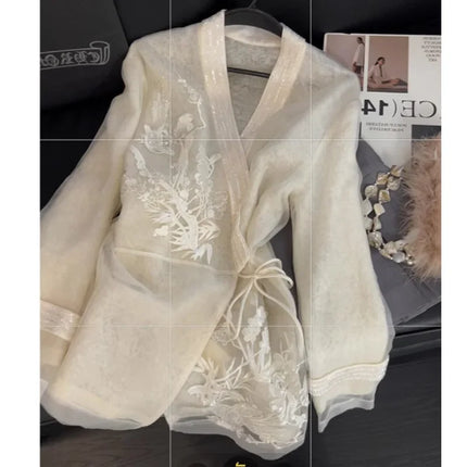 Chinese Embroidery V-Neck Mesh Shirt for Women