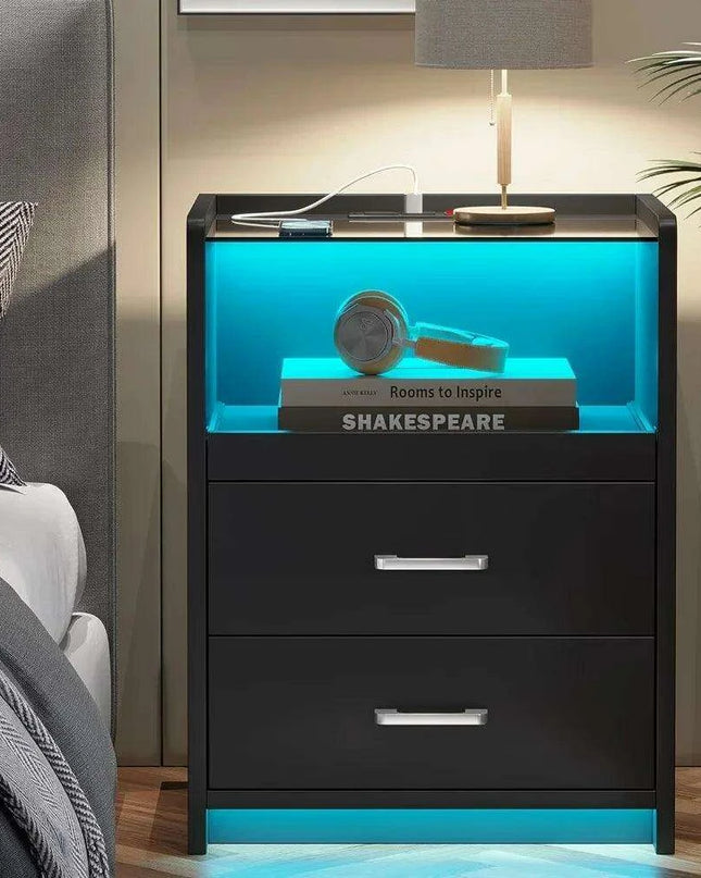 LED Smart Nightstand with Charging Station and Pull-out Tray - Modern Design with 2 Drawers
