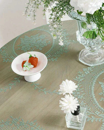 Chic Vintage Dark Green Floral Tulle Tablecloth with Ruffled Edges for Elegant Dining