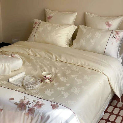 Luxurious Chinese Floral Embroidered Lyocell Cotton Silky Soft Bedding Ensemble with Duvet Cover, Flat/Fitted Sheets & Pillowcases
