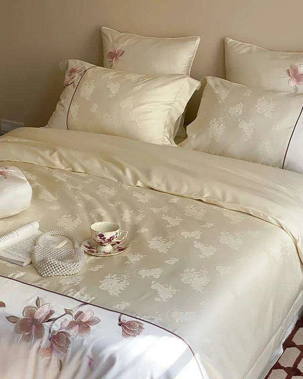 Luxurious Chinese Floral Embroidered Lyocell Cotton Silky Soft Bedding Ensemble with Duvet Cover, Flat/Fitted Sheets & Pillowcases