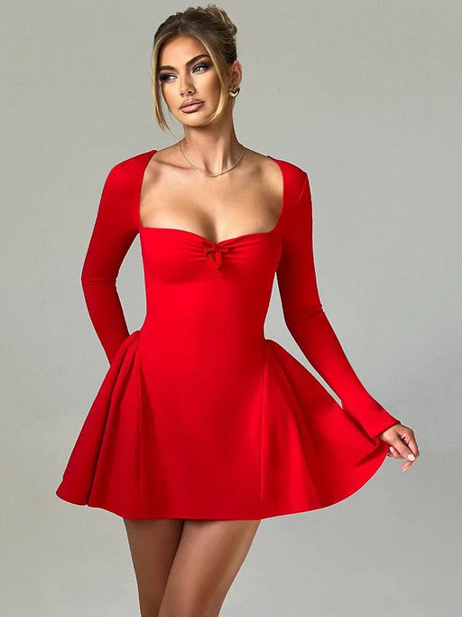 Sophisticated Bow-Accented A-line Mini Dress with Pleats for Autumn Elegance