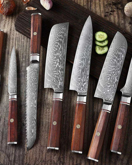 Luxurious 7-Piece Damascus Steel Knife Set with Artisan Rosewood Handles