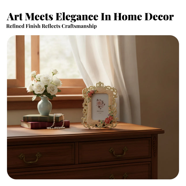Resin Baroque Picture Frame — Ornate Floral & Rose Relief, 4×6 Tabletop Display