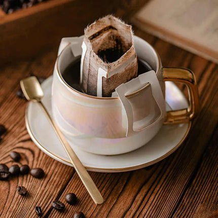 Gold-Rimmed Ceramic Coffee Cup, Saucer & Spoon Set | Très Elite